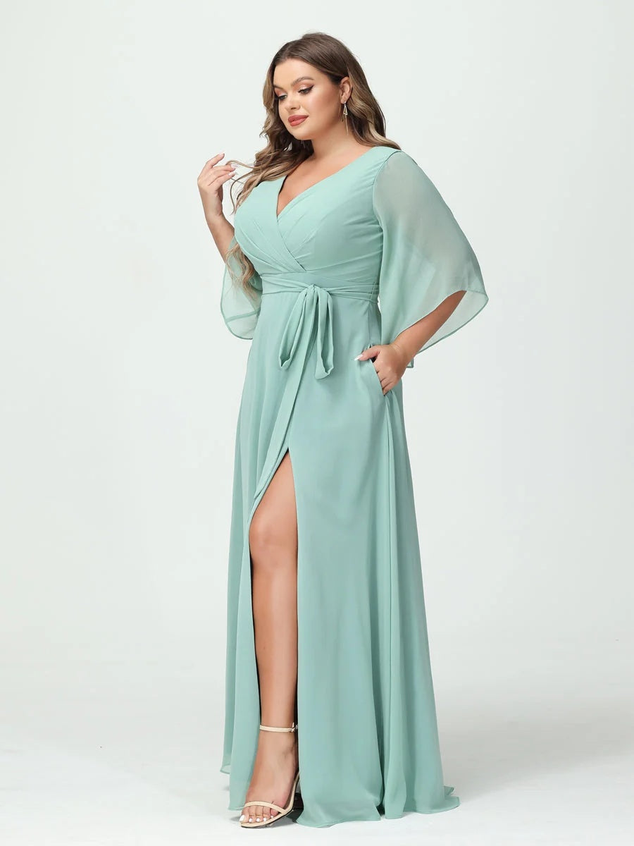 Plus Size Chiffon Bridesmaid Dress with Pockets - A-Line Princess V-Neck Long Sleeves & Side Split