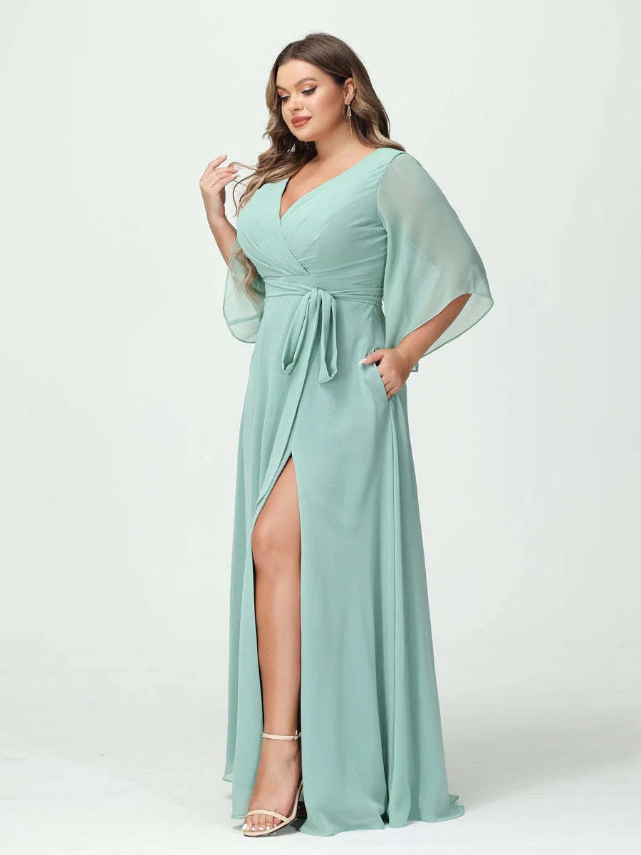 Plus Size Chiffon Bridesmaid Dress with Pockets - A-Line Princess V-Neck Long Sleeves & Side Split