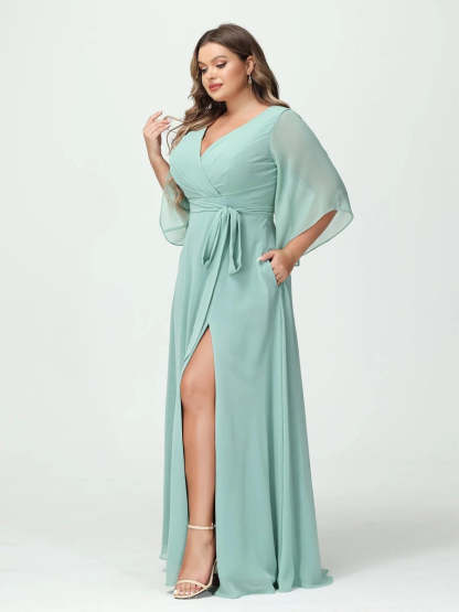 Plus Size Chiffon Bridesmaid Dress with Pockets - A-Line Princess V-Neck Long Sleeves & Side Split