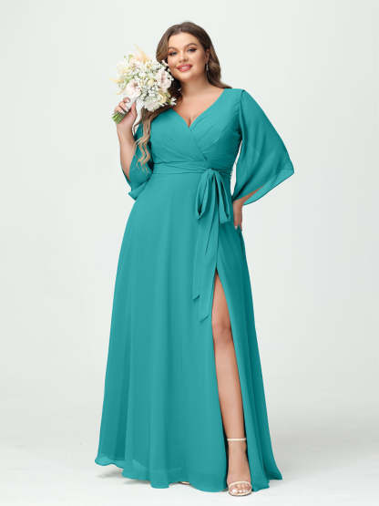 Plus Size Chiffon Bridesmaid Dress with Pockets - A-Line Princess V-Neck Long Sleeves & Side Split