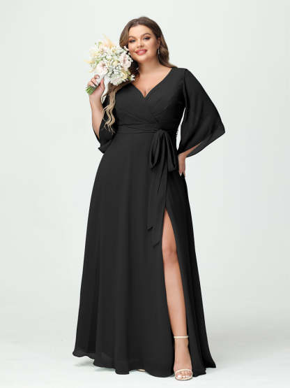 Plus Size Chiffon Bridesmaid Dress with Pockets - A-Line Princess V-Neck Long Sleeves & Side Split