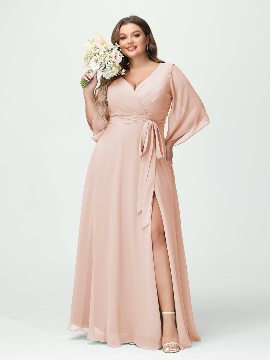 Plus Size Chiffon Bridesmaid Dress with Pockets - A-Line Princess V-Neck Long Sleeves & Side Split