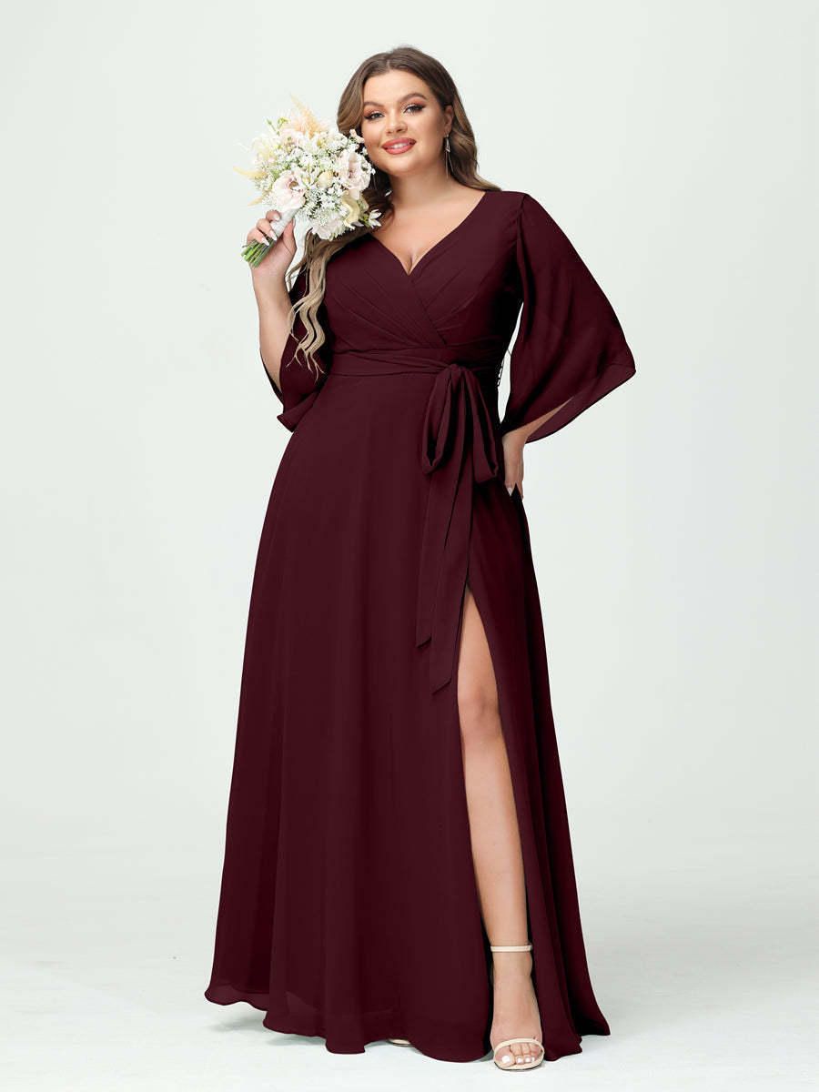 Plus Size Chiffon Bridesmaid Dress with Pockets - A-Line Princess V-Neck Long Sleeves & Side Split