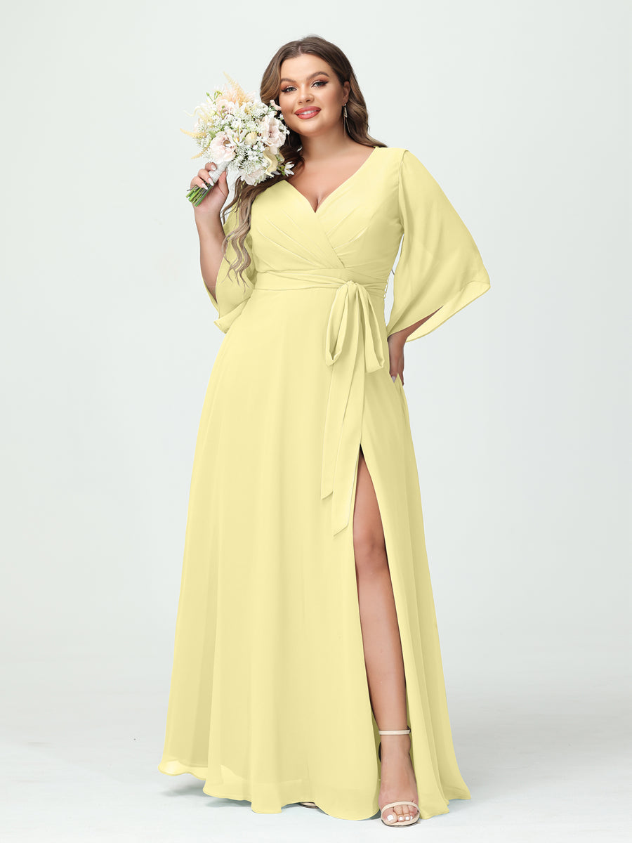 Plus Size Chiffon Bridesmaid Dress with Pockets - A-Line Princess V-Neck Long Sleeves & Side Split