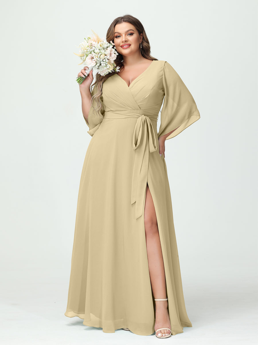 Plus Size Chiffon Bridesmaid Dress with Pockets - A-Line Princess V-Neck Long Sleeves & Side Split