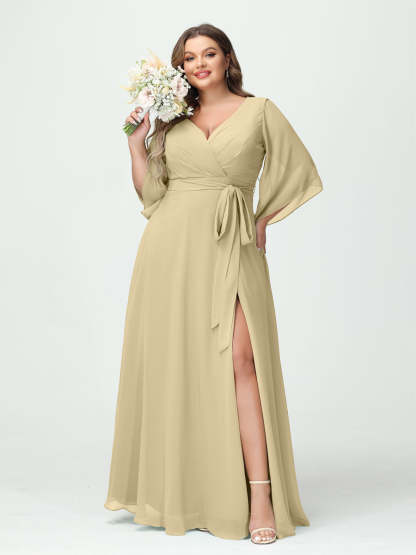 Plus Size Chiffon Bridesmaid Dress with Pockets - A-Line Princess V-Neck Long Sleeves & Side Split