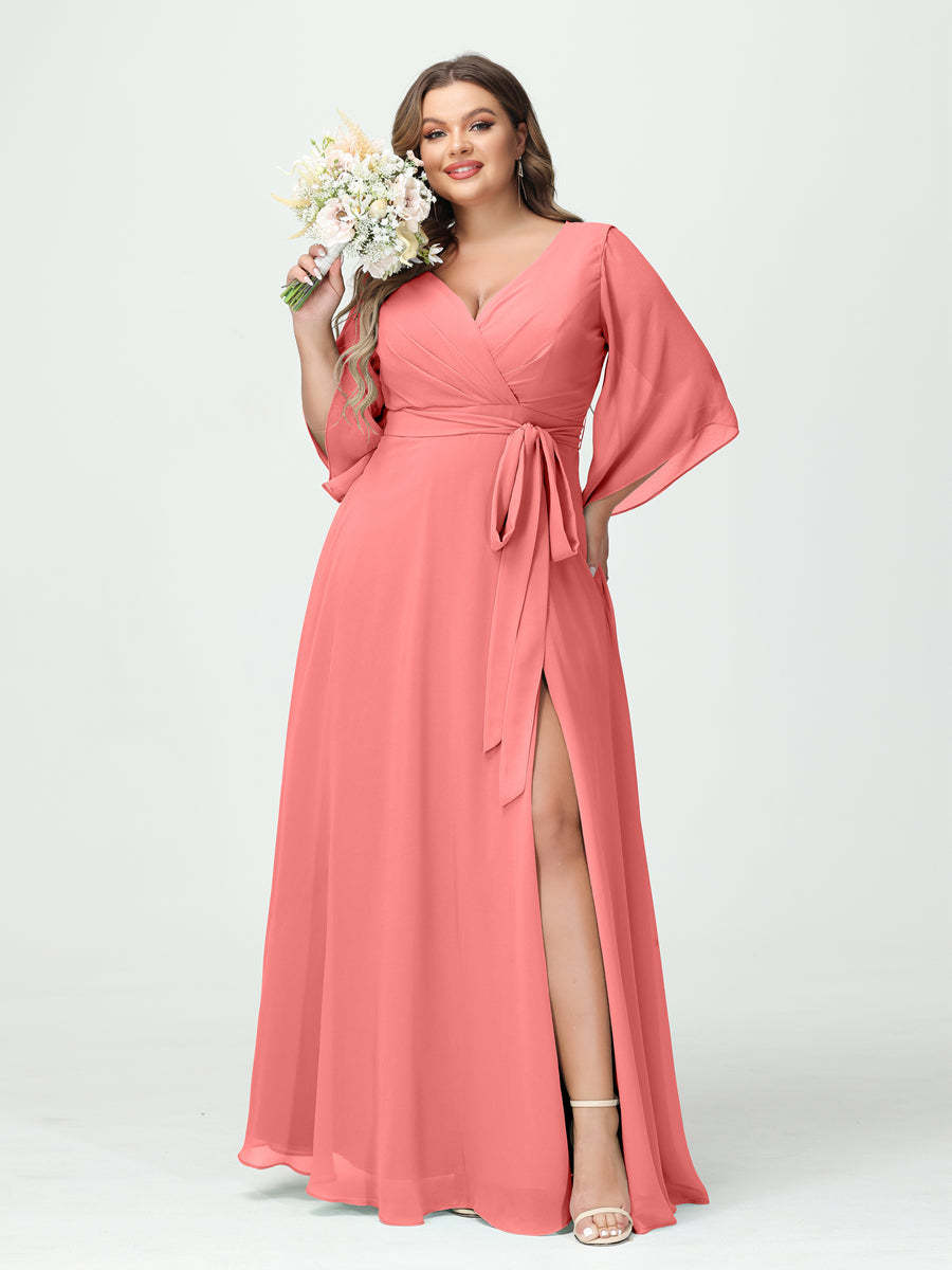 Plus Size Chiffon Bridesmaid Dress with Pockets - A-Line Princess V-Neck Long Sleeves & Side Split