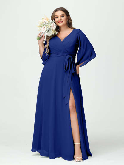 Plus Size Chiffon Bridesmaid Dress with Pockets - A-Line Princess V-Neck Long Sleeves & Side Split