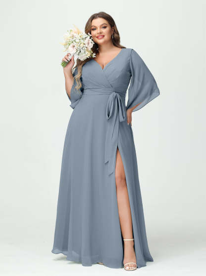 Plus Size Chiffon Bridesmaid Dress with Pockets - A-Line Princess V-Neck Long Sleeves & Side Split