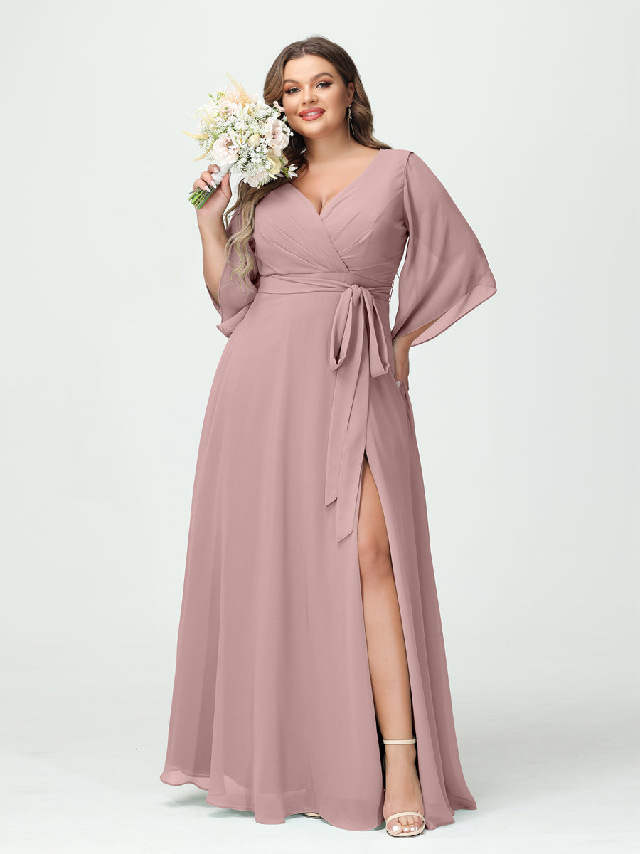 Plus Size Chiffon Bridesmaid Dress with Pockets - A-Line Princess V-Neck Long Sleeves & Side Split