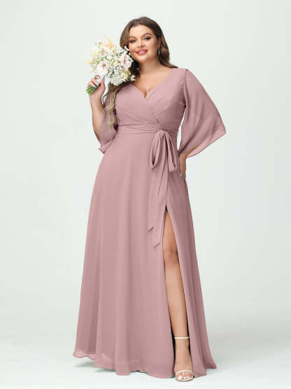 Plus Size Chiffon Bridesmaid Dress with Pockets - A-Line Princess V-Neck Long Sleeves & Side Split