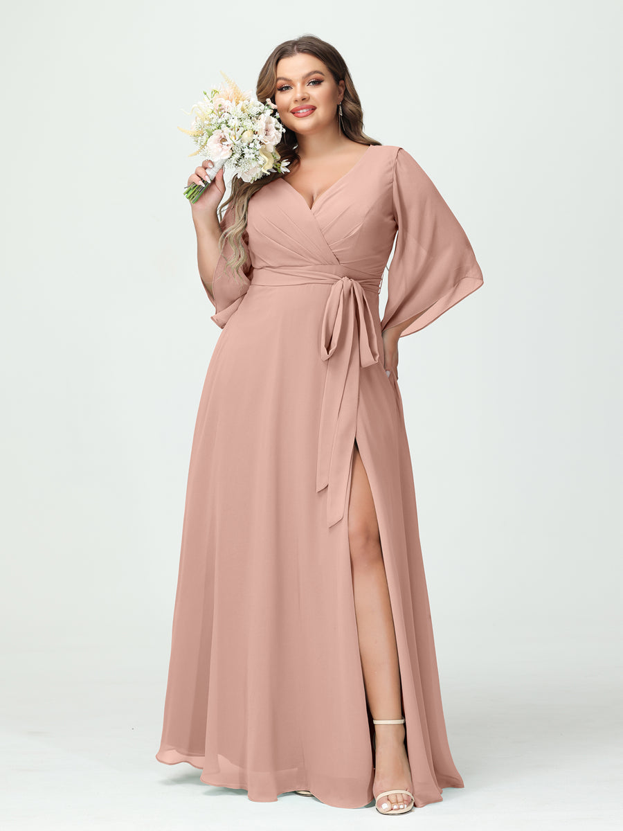 Plus Size Chiffon Bridesmaid Dress with Pockets - A-Line Princess V-Neck Long Sleeves & Side Split