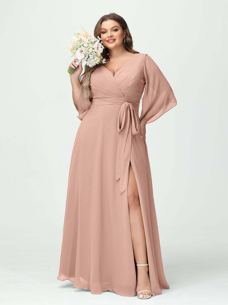 Plus Size Chiffon Bridesmaid Dress with Pockets - A-Line Princess V-Neck Long Sleeves & Side Split