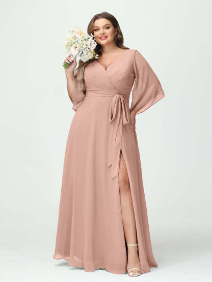 Plus Size Chiffon Bridesmaid Dress with Pockets - A-Line Princess V-Neck Long Sleeves & Side Split