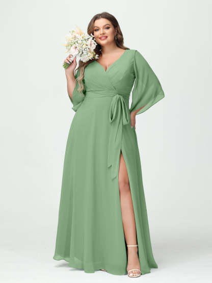 Plus Size Chiffon Bridesmaid Dress with Pockets - A-Line Princess V-Neck Long Sleeves & Side Split