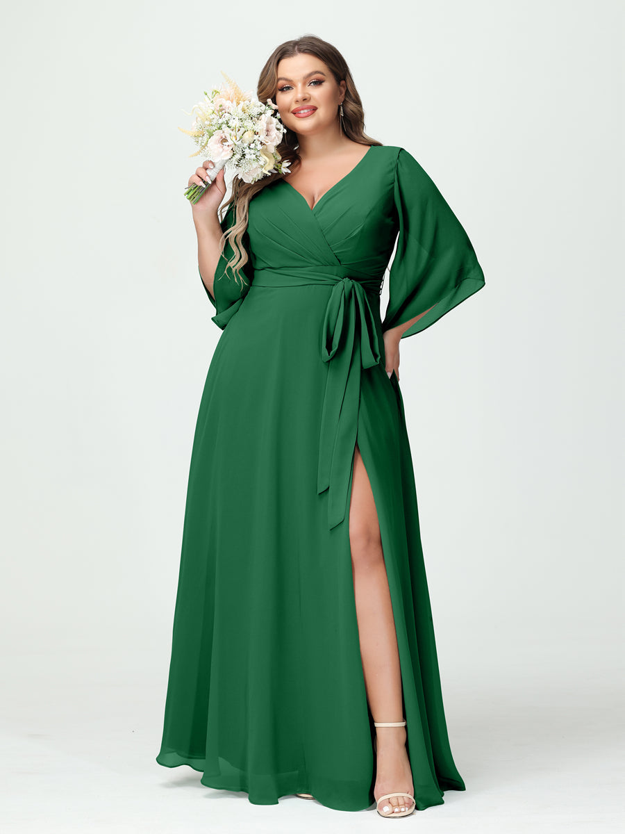 Plus Size Chiffon Bridesmaid Dress with Pockets - A-Line Princess V-Neck Long Sleeves & Side Split