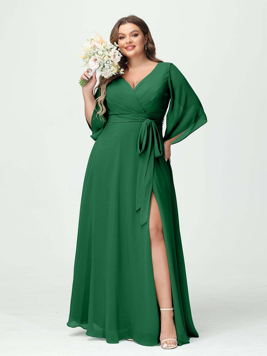 Plus Size Chiffon Bridesmaid Dress with Pockets - A-Line Princess V-Neck Long Sleeves & Side Split
