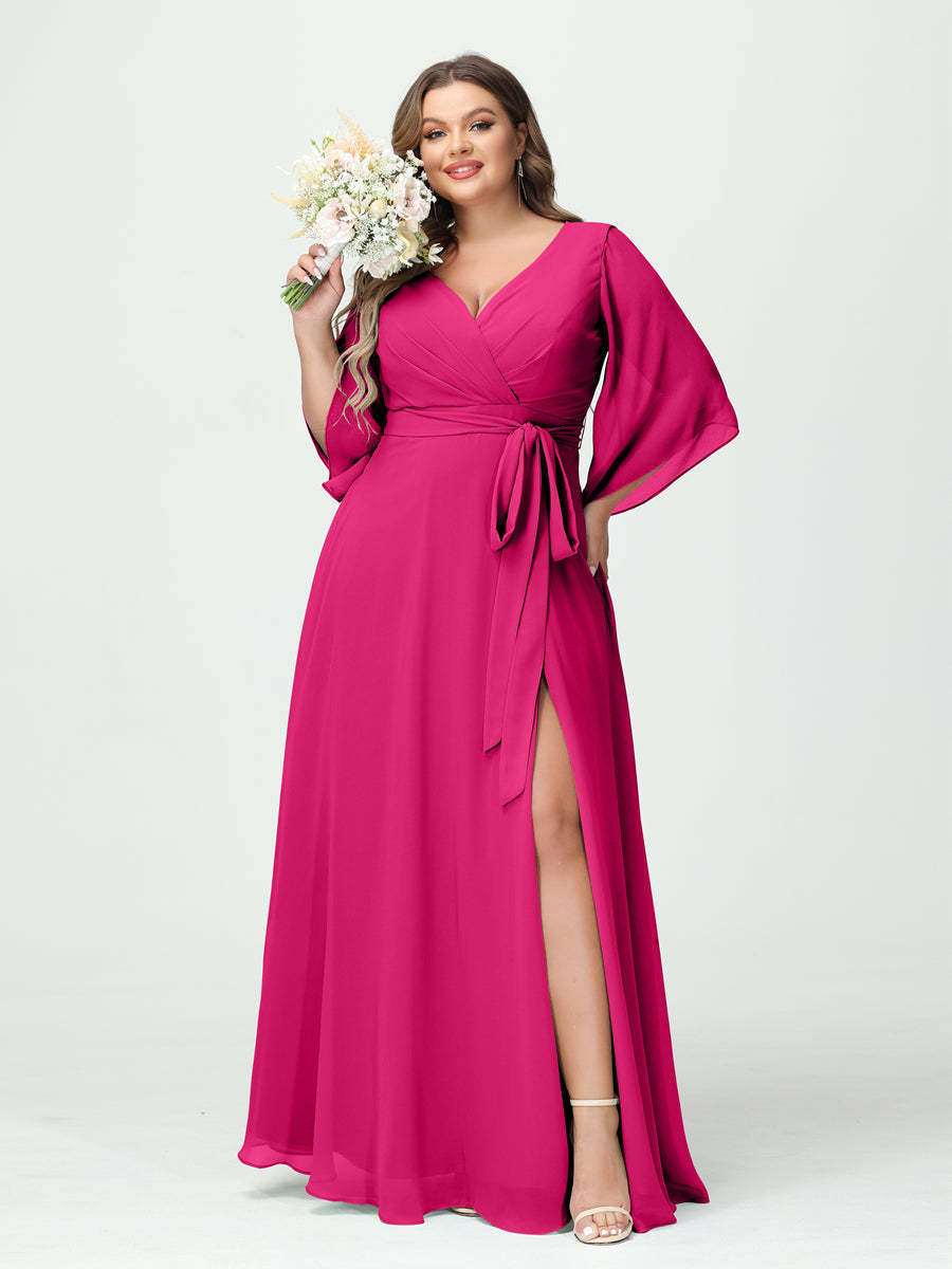 Plus Size Chiffon Bridesmaid Dress with Pockets - A-Line Princess V-Neck Long Sleeves & Side Split