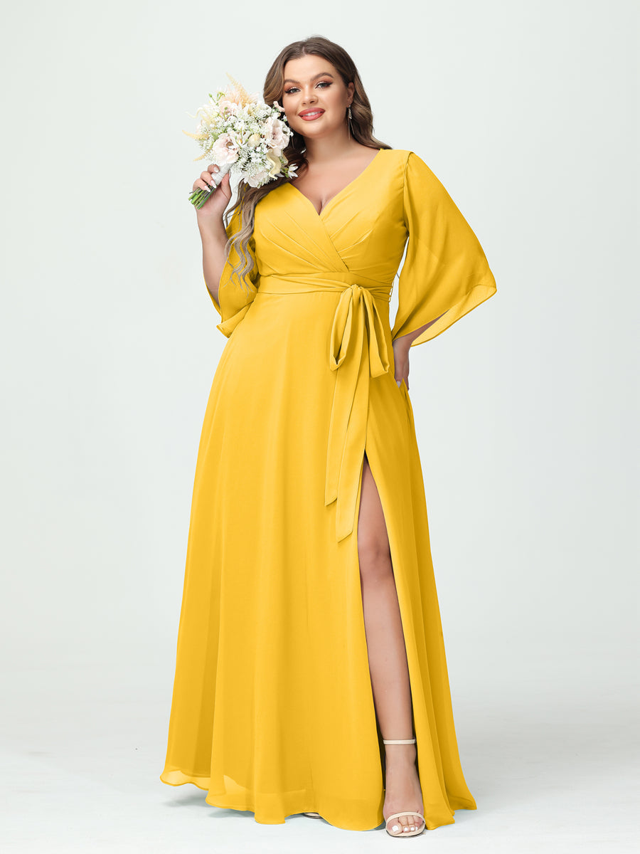 Plus Size Chiffon Bridesmaid Dress with Pockets - A-Line Princess V-Neck Long Sleeves & Side Split