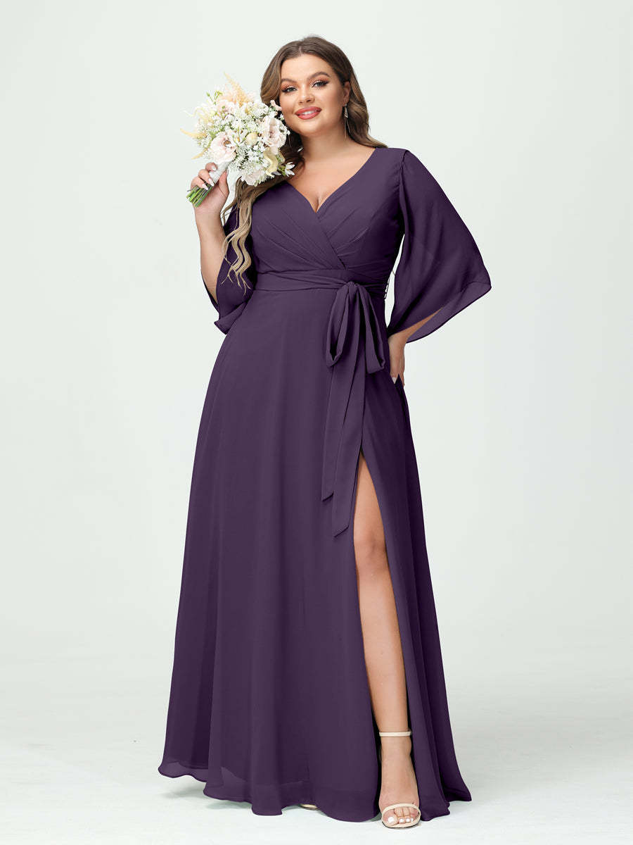 Plus Size Chiffon Bridesmaid Dress with Pockets - A-Line Princess V-Neck Long Sleeves & Side Split