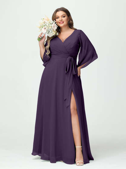 Plus Size Chiffon Bridesmaid Dress with Pockets - A-Line Princess V-Neck Long Sleeves & Side Split