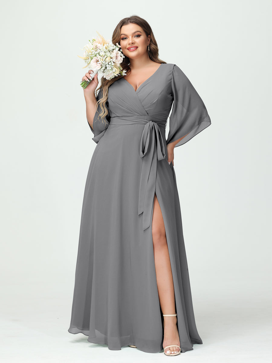 Plus Size Chiffon Bridesmaid Dress with Pockets - A-Line Princess V-Neck Long Sleeves & Side Split