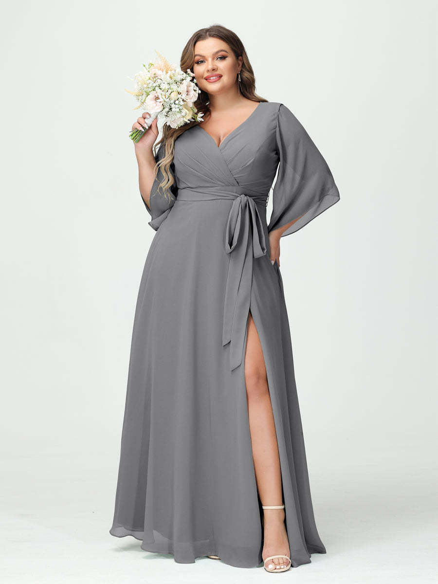 Plus Size Chiffon Bridesmaid Dress with Pockets - A-Line Princess V-Neck Long Sleeves & Side Split