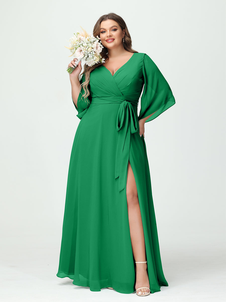 Plus Size Chiffon Bridesmaid Dress with Pockets - A-Line Princess V-Neck Long Sleeves & Side Split
