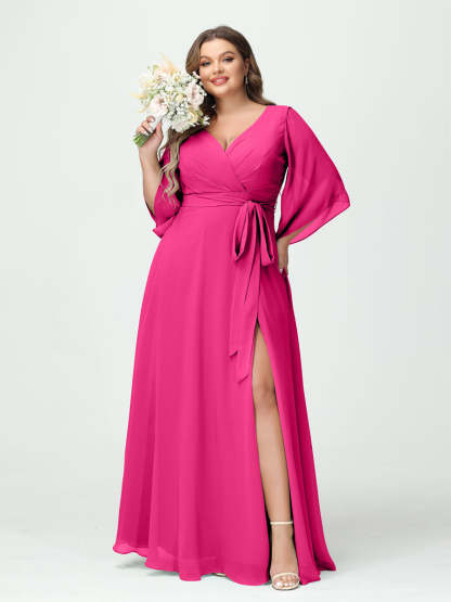 Plus Size Chiffon Bridesmaid Dress with Pockets - A-Line Princess V-Neck Long Sleeves & Side Split