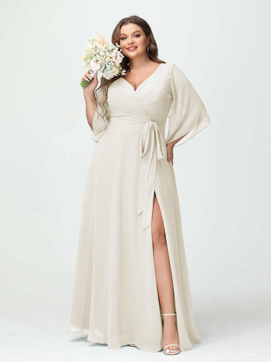 Plus Size Chiffon Bridesmaid Dress with Pockets - A-Line Princess V-Neck Long Sleeves & Side Split