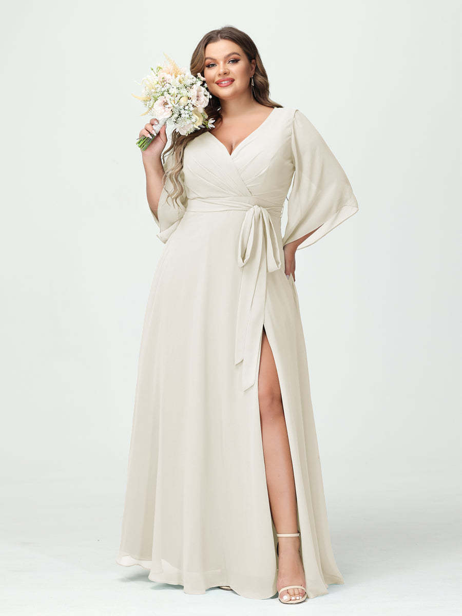 Plus Size Chiffon Bridesmaid Dress with Pockets - A-Line Princess V-Neck Long Sleeves & Side Split