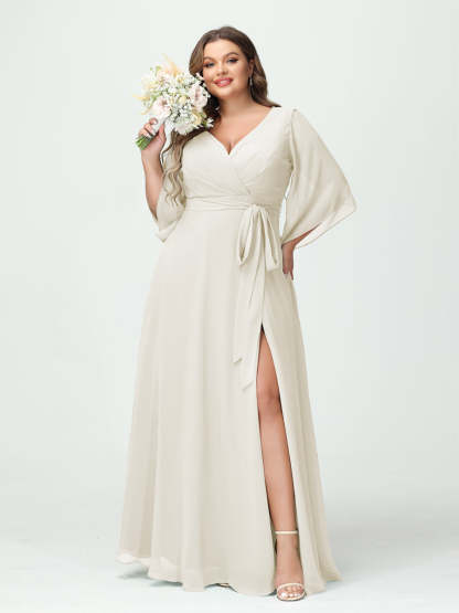 Plus Size Chiffon Bridesmaid Dress with Pockets - A-Line Princess V-Neck Long Sleeves & Side Split