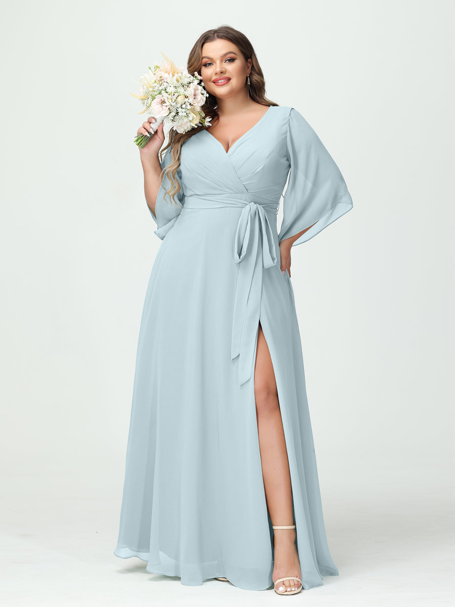 Plus Size Chiffon Bridesmaid Dress with Pockets - A-Line Princess V-Neck Long Sleeves & Side Split