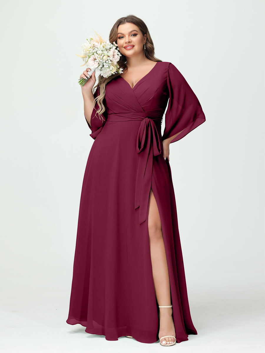 Plus Size Chiffon Bridesmaid Dress with Pockets - A-Line Princess V-Neck Long Sleeves & Side Split
