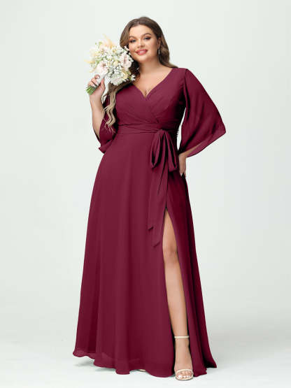 Plus Size Chiffon Bridesmaid Dress with Pockets - A-Line Princess V-Neck Long Sleeves & Side Split