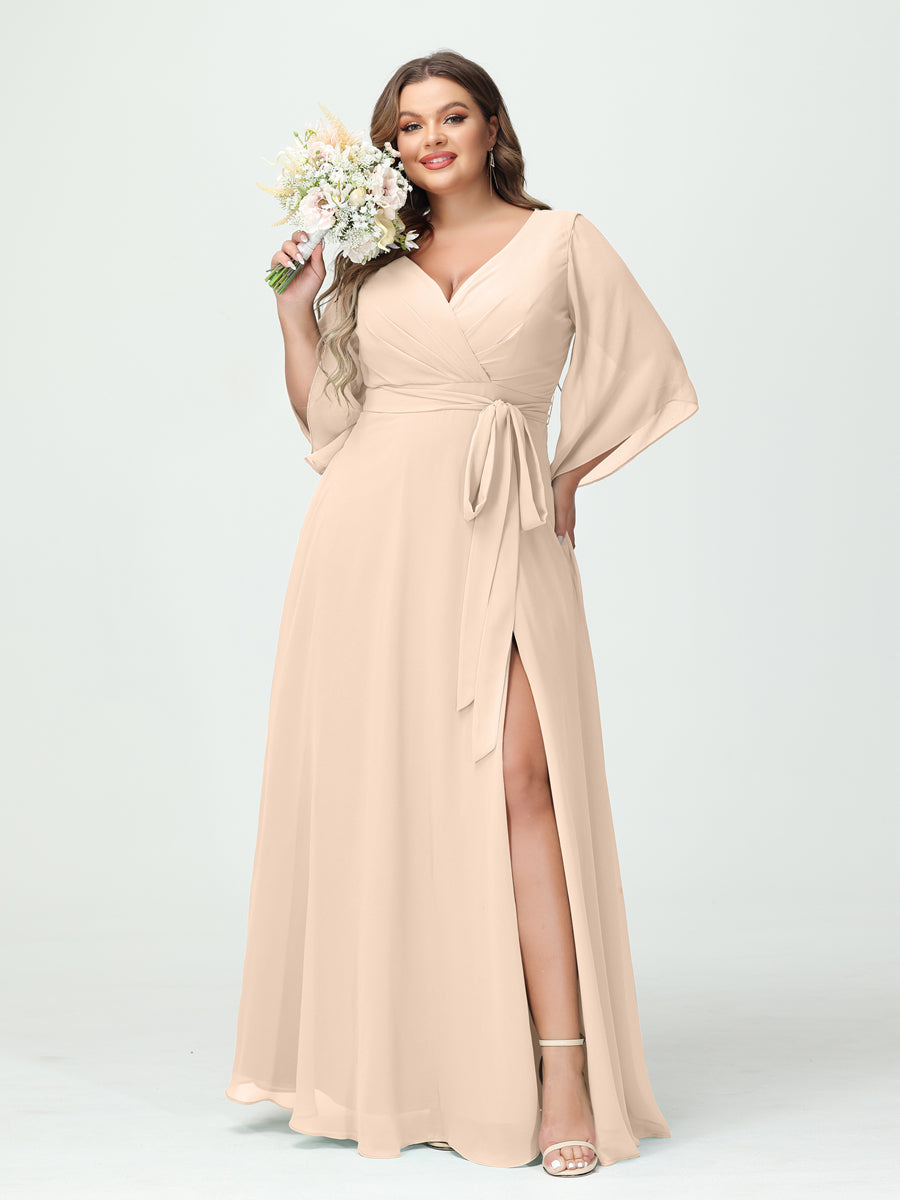 Plus Size Chiffon Bridesmaid Dress with Pockets - A-Line Princess V-Neck Long Sleeves & Side Split