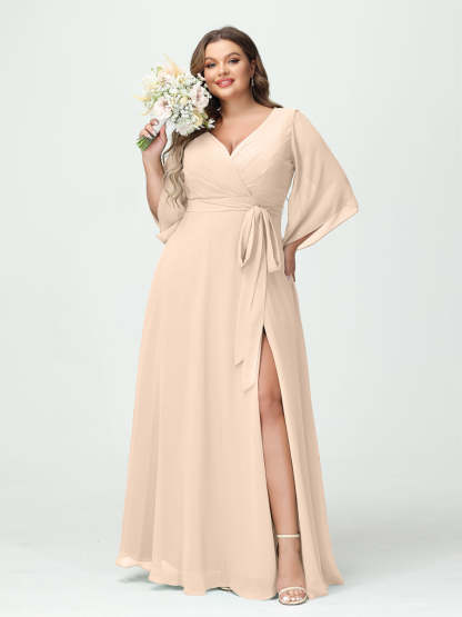 Plus Size Chiffon Bridesmaid Dress with Pockets - A-Line Princess V-Neck Long Sleeves & Side Split