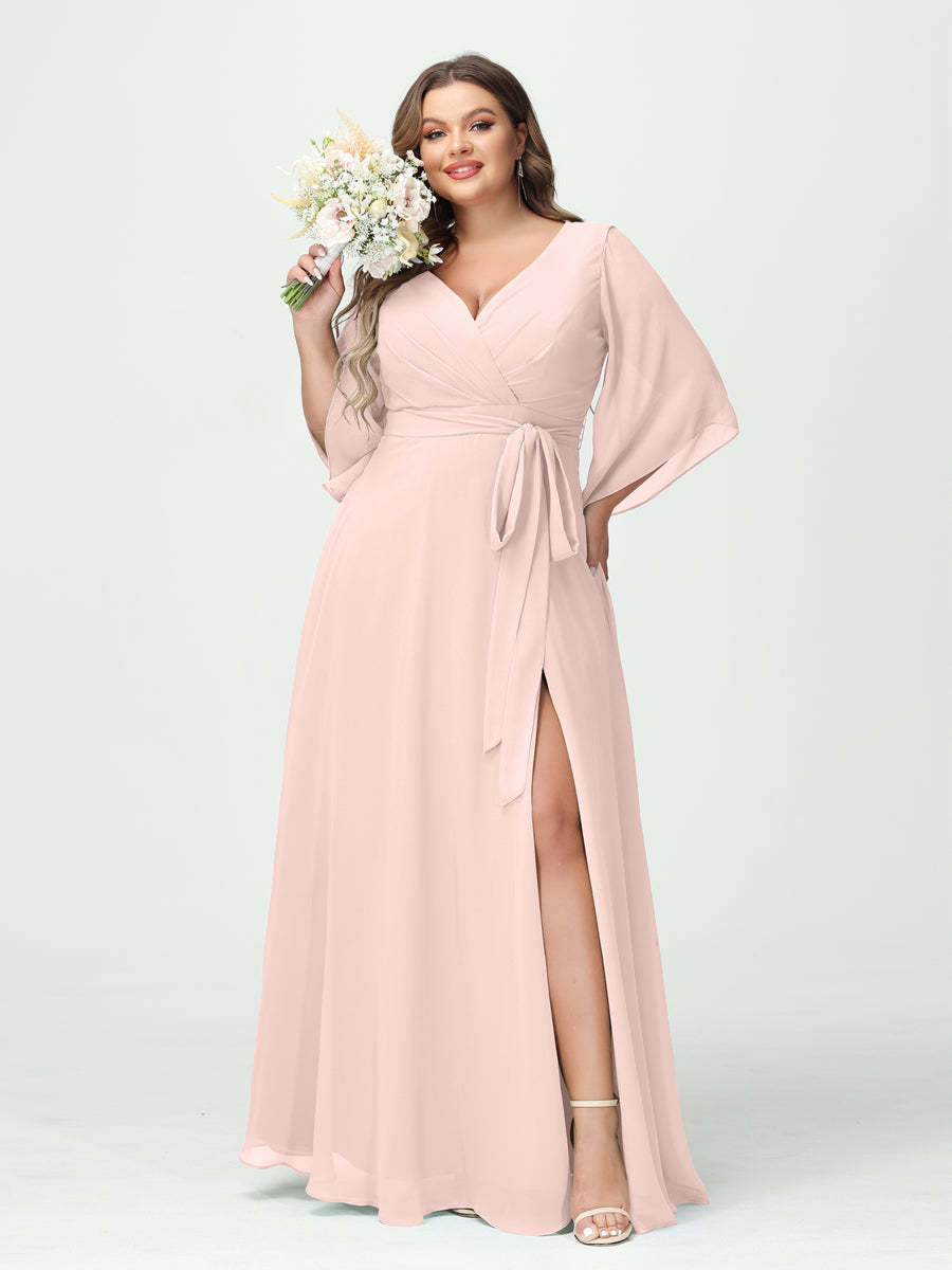Plus Size Chiffon Bridesmaid Dress with Pockets - A-Line Princess V-Neck Long Sleeves & Side Split