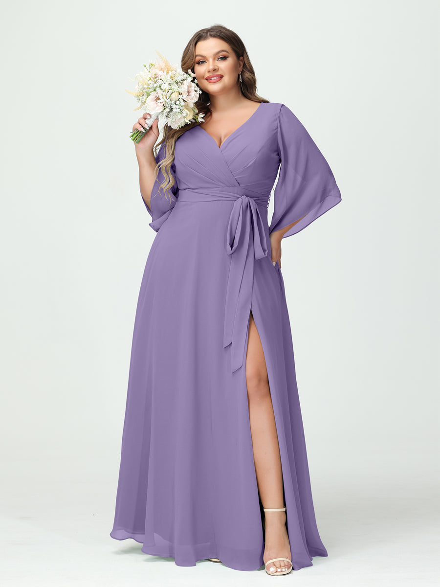 Plus Size Chiffon Bridesmaid Dress with Pockets - A-Line Princess V-Neck Long Sleeves & Side Split