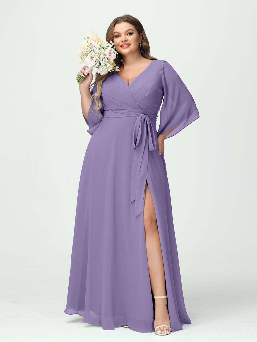 Plus Size Chiffon Bridesmaid Dress with Pockets - A-Line Princess V-Neck Long Sleeves & Side Split