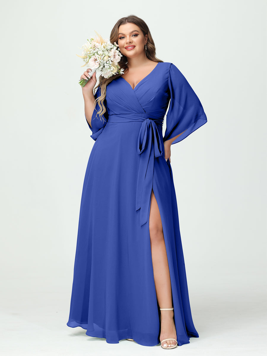 Plus Size Chiffon Bridesmaid Dress with Pockets - A-Line Princess V-Neck Long Sleeves & Side Split