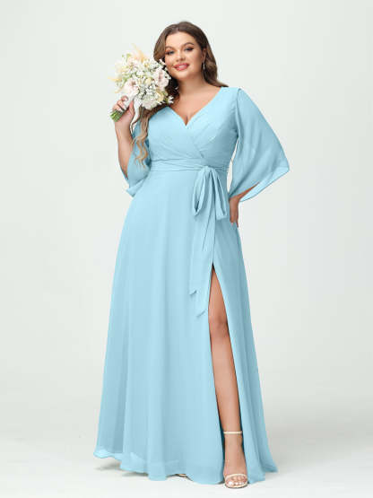 Plus Size Chiffon Bridesmaid Dress with Pockets - A-Line Princess V-Neck Long Sleeves & Side Split