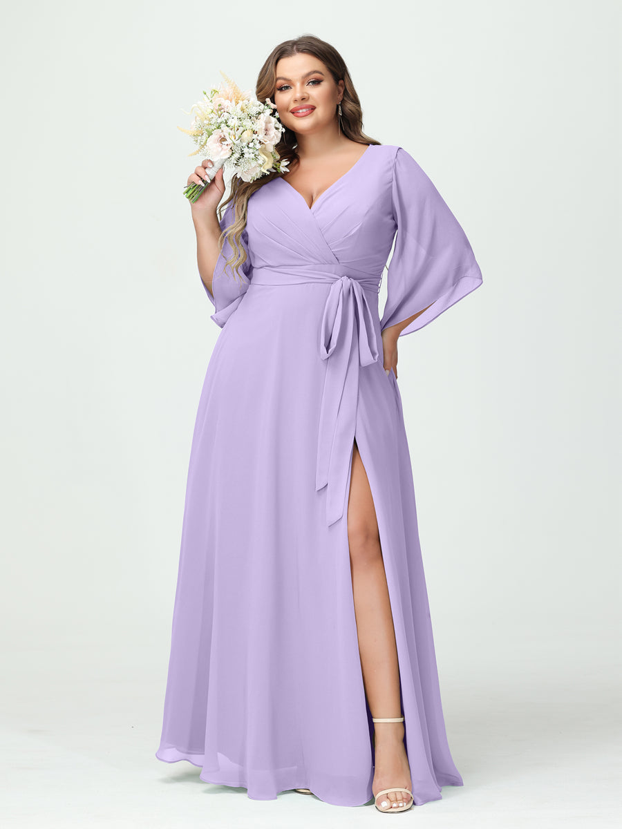 Plus Size Chiffon Bridesmaid Dress with Pockets - A-Line Princess V-Neck Long Sleeves & Side Split