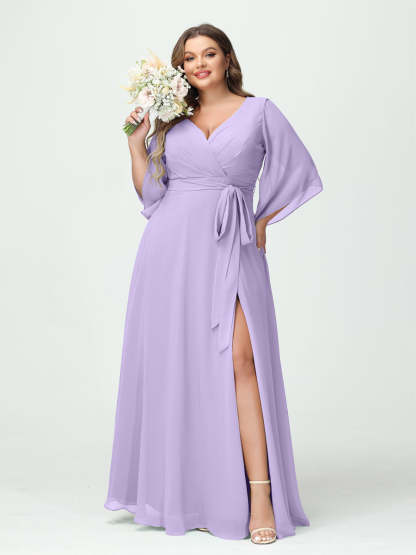 Plus Size Chiffon Bridesmaid Dress with Pockets - A-Line Princess V-Neck Long Sleeves & Side Split