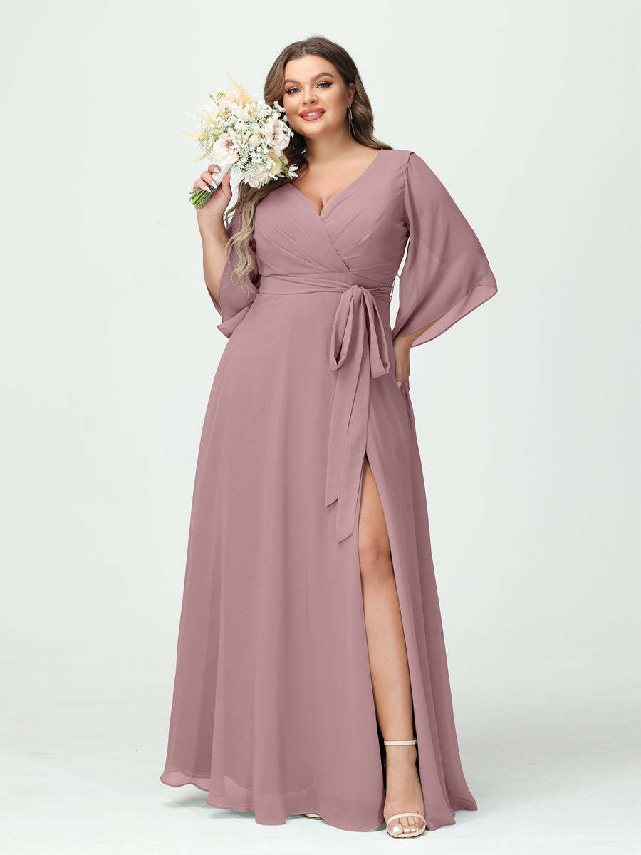 Plus Size Chiffon Bridesmaid Dress with Pockets - A-Line Princess V-Neck Long Sleeves & Side Split