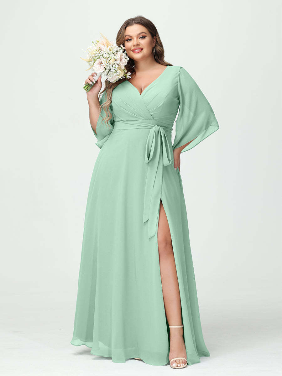 Plus Size Chiffon Bridesmaid Dress with Pockets - A-Line Princess V-Neck Long Sleeves & Side Split