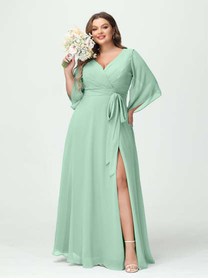Plus Size Chiffon Bridesmaid Dress with Pockets - A-Line Princess V-Neck Long Sleeves & Side Split