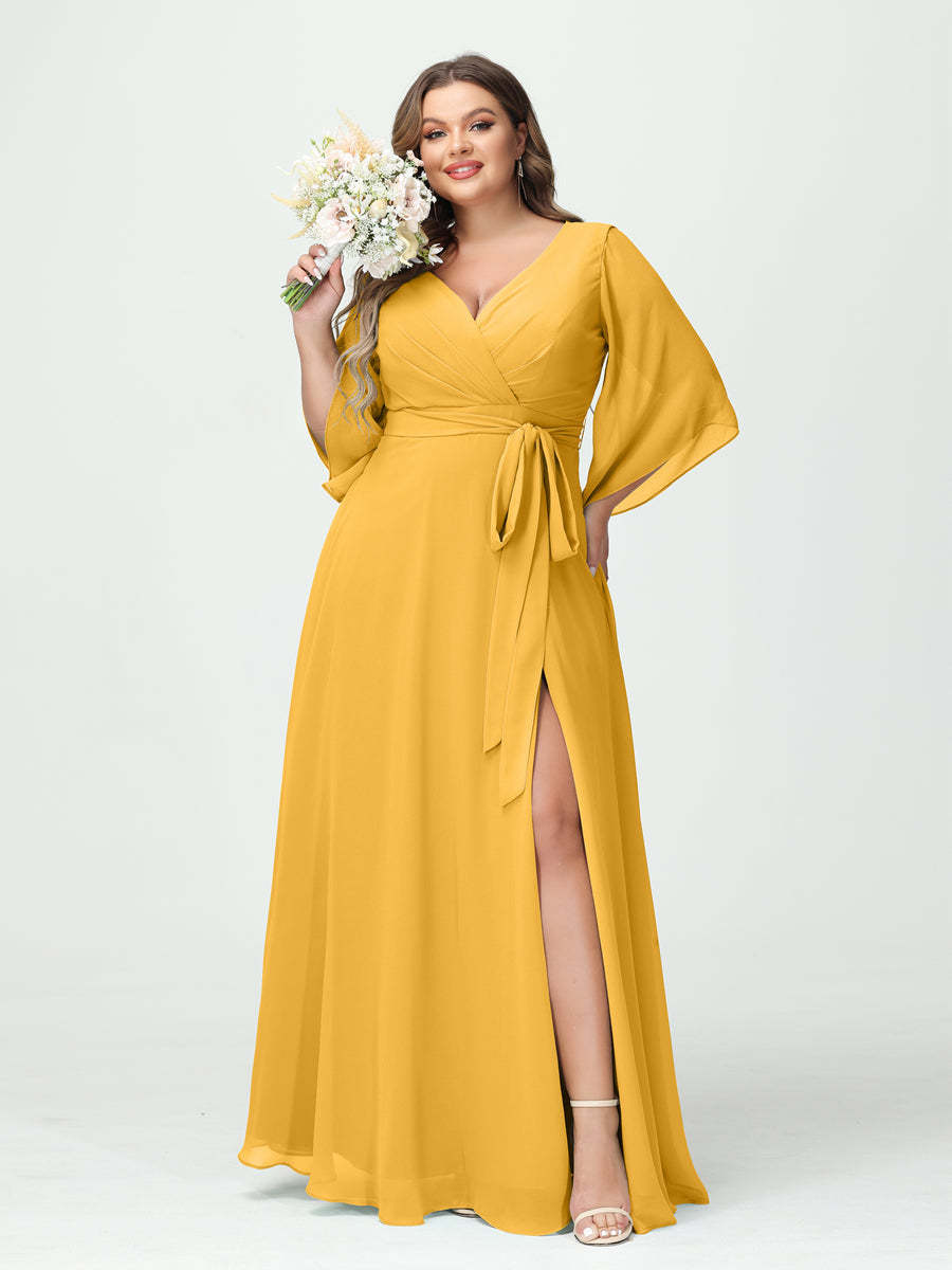 Plus Size Chiffon Bridesmaid Dress with Pockets - A-Line Princess V-Neck Long Sleeves & Side Split