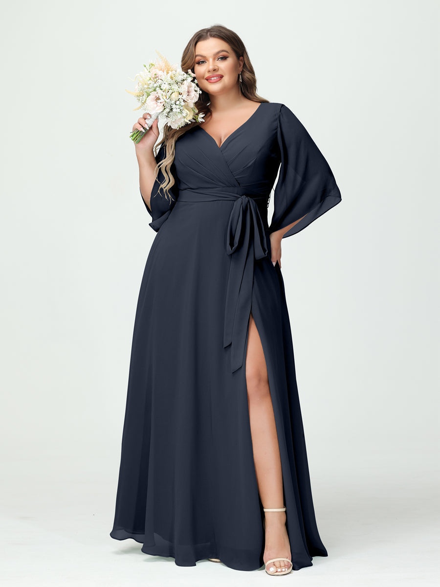 Plus Size Chiffon Bridesmaid Dress with Pockets - A-Line Princess V-Neck Long Sleeves & Side Split