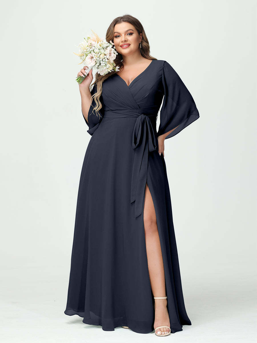 Plus Size Chiffon Bridesmaid Dress with Pockets - A-Line Princess V-Neck Long Sleeves & Side Split